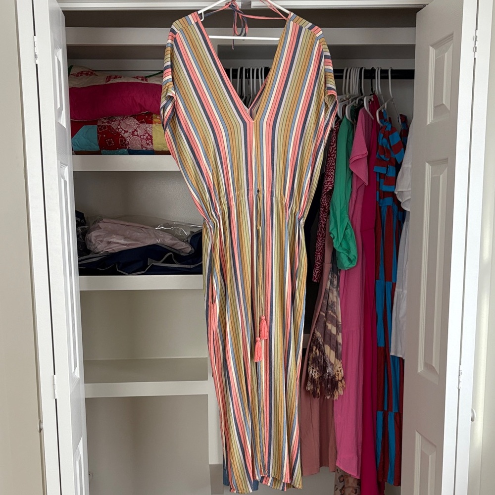 Multicolor Striped V-Neck Dress with Pockets
